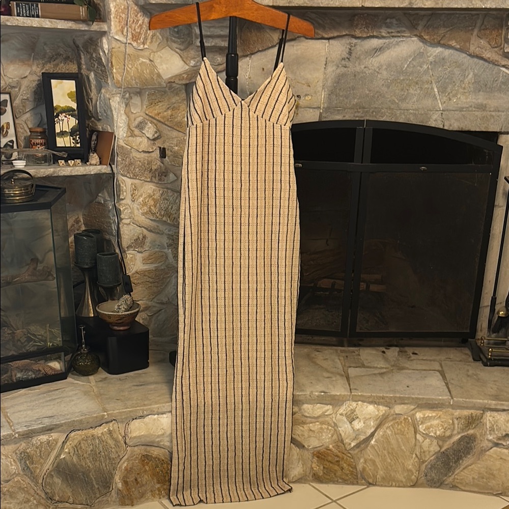 Rosie Harlow Maxi Dress Spaghetti Straps Tan Black Ribbed Sleeveless Beachy Boho - Picture 2 of 16